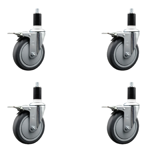 5'' Thermoplastic Rubber Swivel 1-3/8'' Expanding Stem Caster Set Total Lock Brake, 4PK